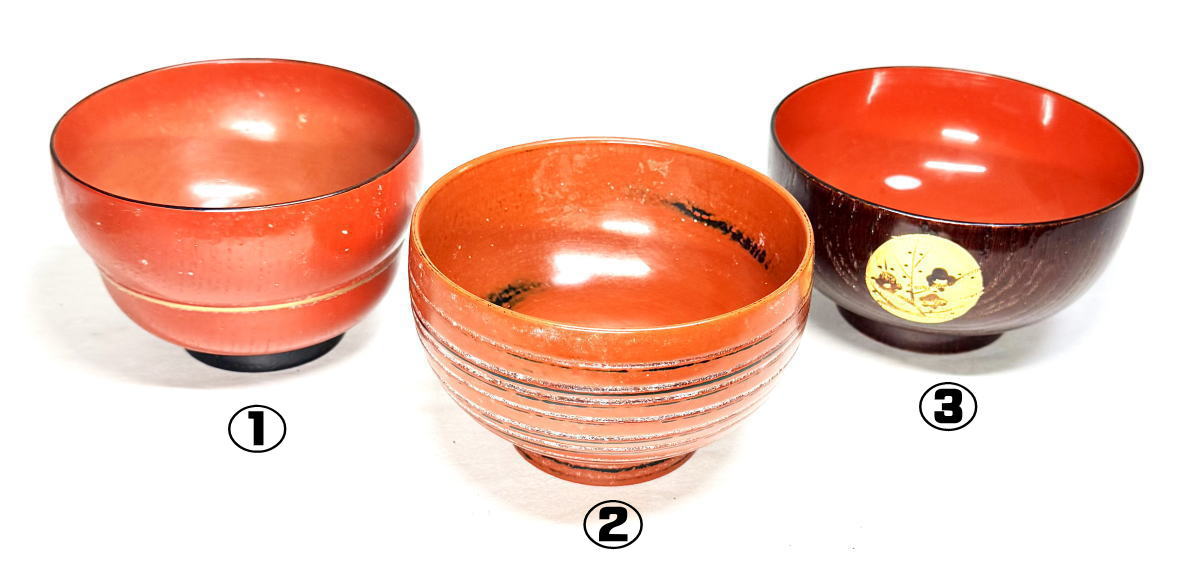 【送料無料】<BR>木製本漆塗 御汁椀 3個<BR>根来塗椀 漆器 時代物<BR>骨董 古美術 細密細工<BR>ウブ品 (旧家蔵出し) <BR>威龍彩雲