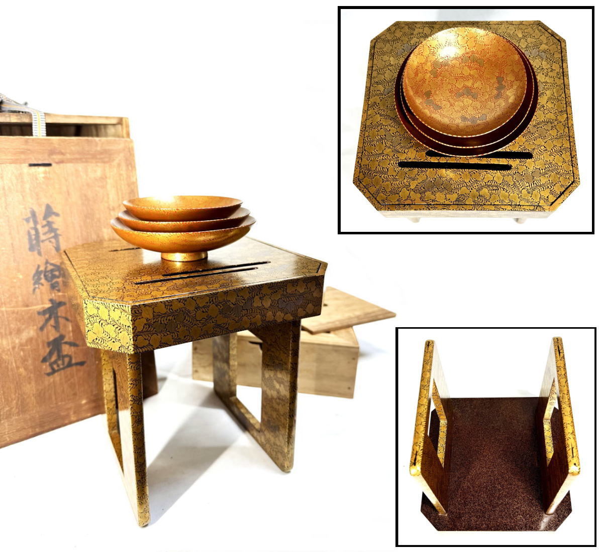 【送料無料】<BR>江戸時代初期 木製繁艸蒔絵三組盃<BR>盃台 三つ盃 共箱 漆器<BR>時代物 骨董 古玩 日本古美術<BR>細密細工 ウブ品 (旧家蔵出し) <BR>威龍彩雲