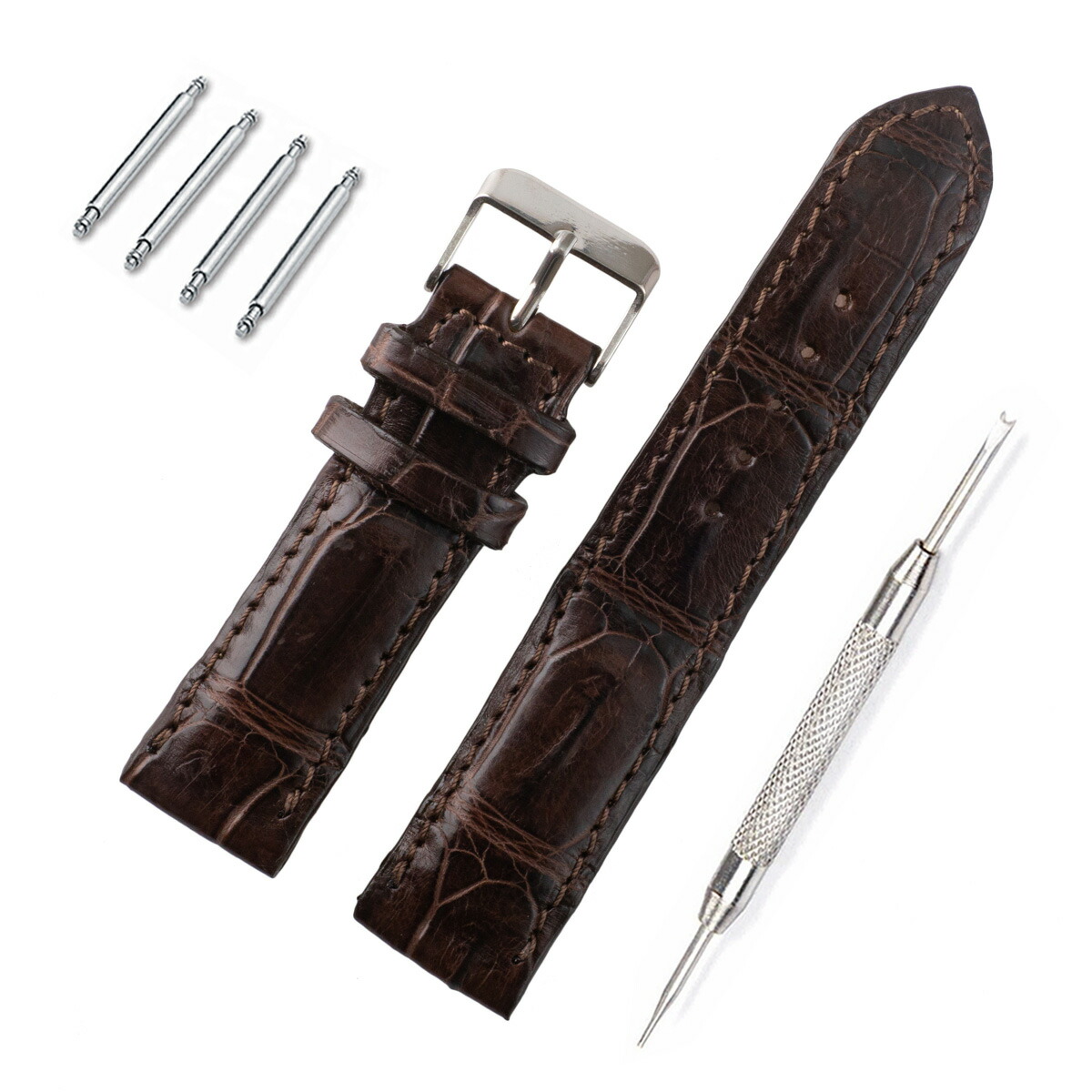 Revetta クロコダイル ワニ革 腕時計 バンド ベルト ブラウン 茶 24mm [087-2crb24]
