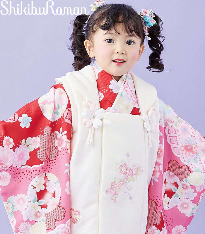 七五三 753 着物 3歳 女の子 被布セット 式部浪漫 ブランド 花丸30 赤 日本製 必要な物は全て揃ったフルセット 2026年新作 販売 購入