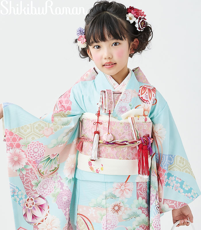 七五三 753 着物 7歳 女の子 着物フルセット 式部浪漫 ブランド 絵羽柄 雅まりあそび3 水色 日本製 四つ身セット 2026年新作 販売 購入 51,420円
