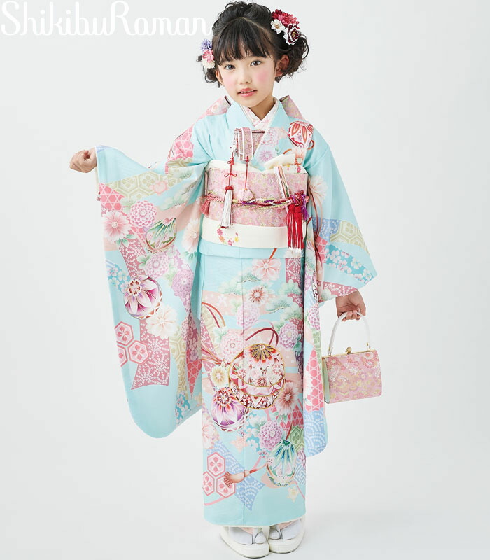 七五三 753 御召しもの 7歳 うしろ帯 四つ身御召しもの 単品 式部浪漫 ブランド名 絵羽柄 雅まりあそび3 水色 日本製 2026年新作 売りわたす 買いもとめる