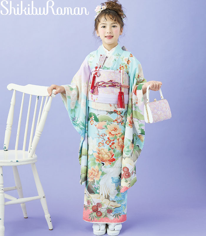 七五三 753 御召しもの 7歳 うしろ帯 四つ身御召しもの 単品 式部浪漫 ブランド名 絵羽柄 鶴の舞6 水色 日本製 2026年新作 売りわたす 買いもとめる