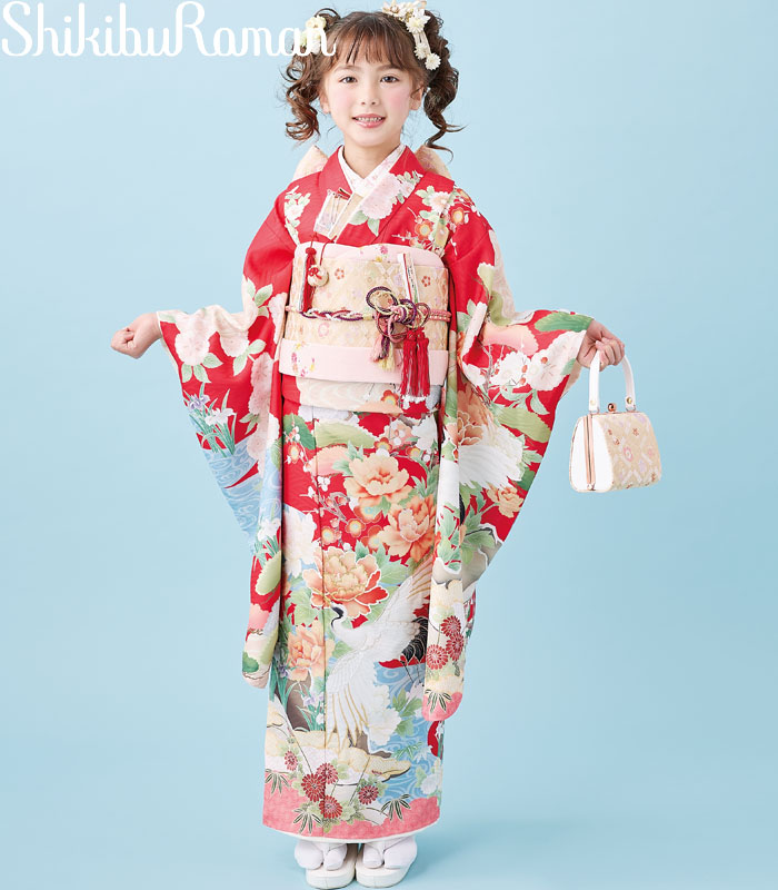 七五三 753 御召しもの 7歳 うしろ帯 四つ身御召しもの 単品 式部浪漫 ブランド名 絵羽柄 鶴の舞8 赤 日本製 2026年新作 売りわたす 買いもとめる