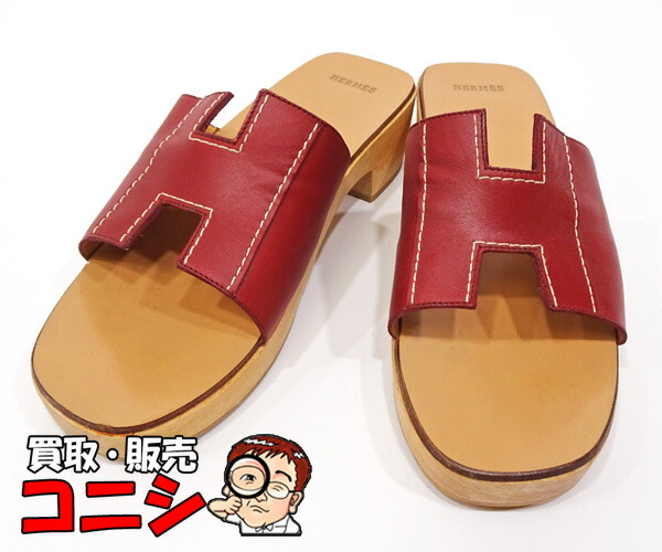 【良品】エルメス　サンダル　ケブラール　Hロゴ　レザー　ルージュ　ウッドソール 良品】エルメス サンダル ケブラール Hロゴ レザー ルージュ