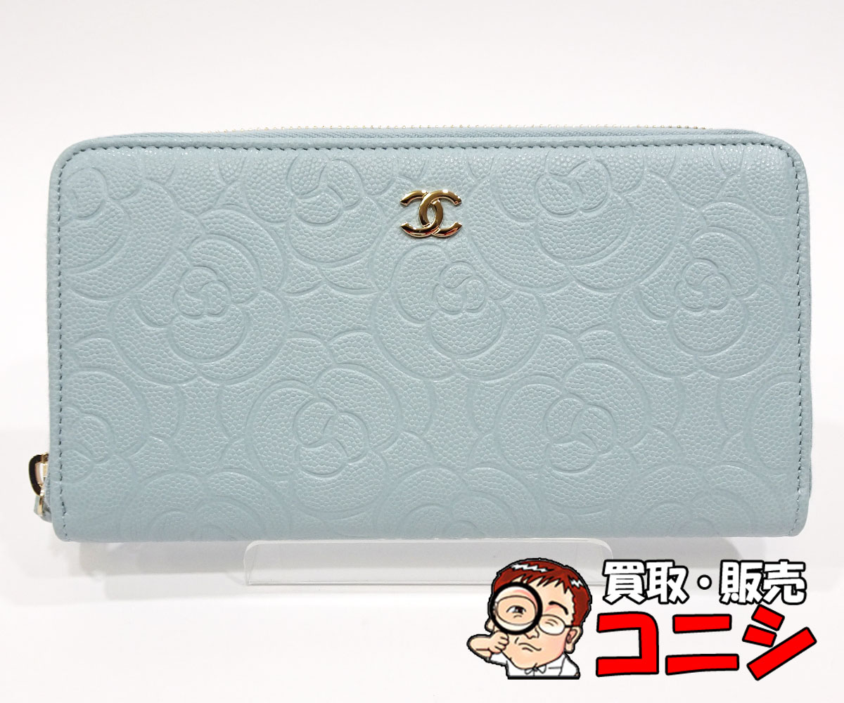 【質コニシ】【CHANEL/シャネル】ラウンドチャック 長金入れ カメリア 点火装置青碧系 青 31番台 レディース 箱付き添い人【貨物輸送込み】m0064m