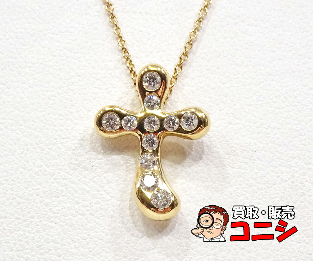 【質コニシ】【Tiffany&Co./ティファニー】ドッツクロス ネックレス K18 イエローゴールド ダイヤモンド 箱付き【送料込み】m1770y｜質ショップ　コニシ