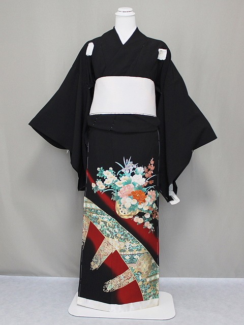 未使用 未仕立て しつけ糸付き 黒留袖 花柄 鶴模様 リメイク生地 ハンドメイド 022002044500.jpg