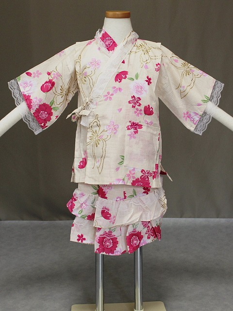 白レース付き女の子用甚平 じんべい 花柄にレースが付いた浴衣ドレス サイズの甚平 Z6242 07 Crunchusers Com