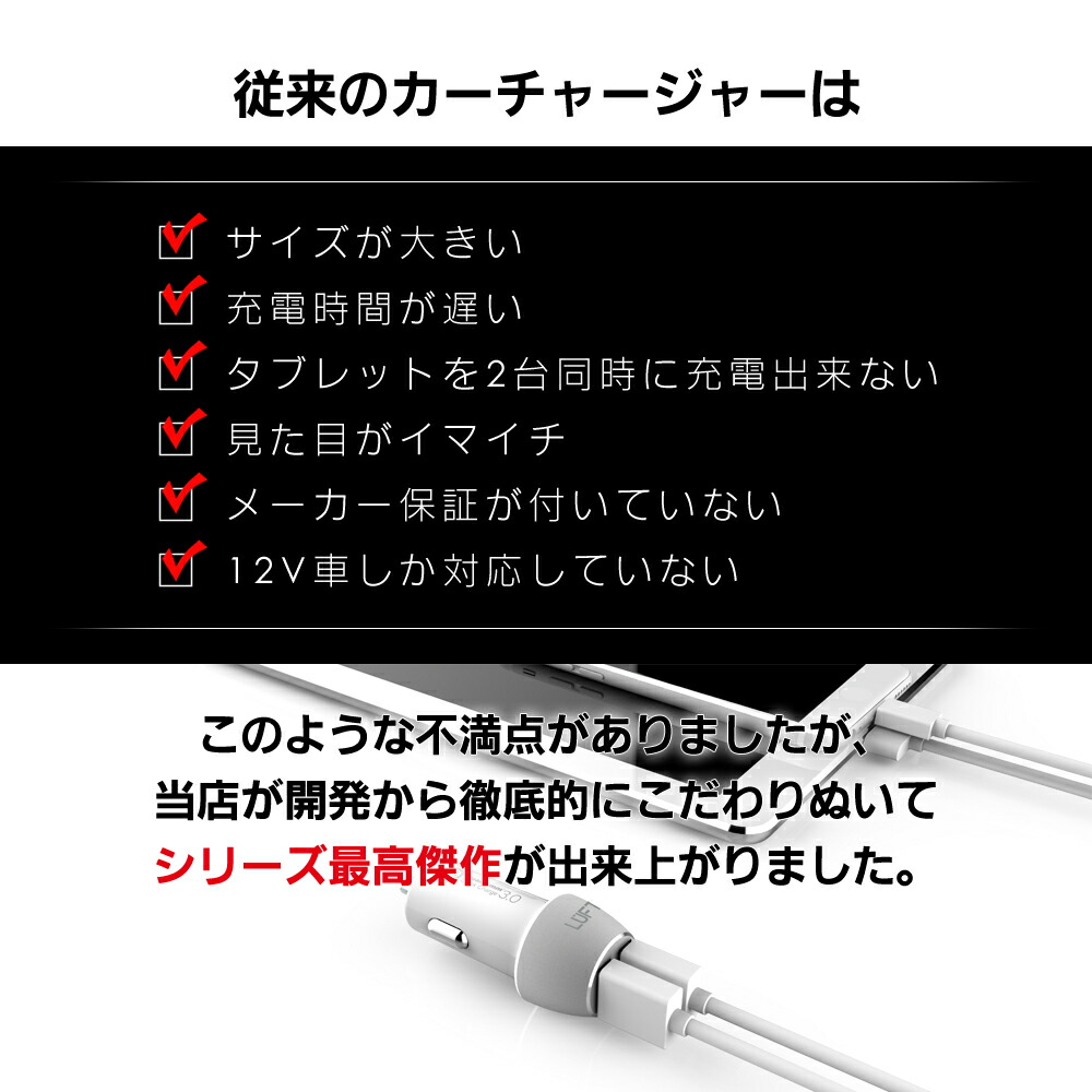 楽天市場 お買い物マラソン期間限定ポイント10倍 カーチャージャー シガーソケット Usb 急速充電 車載 車 充電器 最大出力6a スマホ スマートフォン タブレット 12v 24v対応 Iphone Android アンドロイド アイフォン クイックチャージ クアルコム Luft