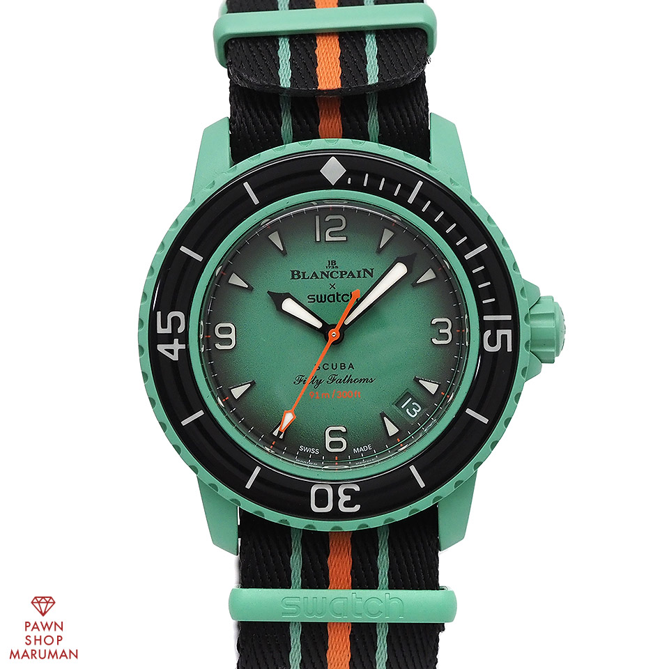 SWATCH スウォッチ BLANCPAIN(ブランパン)二人三脚 スクーバ フィフティファゾムス 北米インディアン 大海原 SO35I100 自動小銃一巻き バイオ陶芸×ナイロン 緑であること 【貨物輸送無料】【中古】【メンズ】【ウオッチ】【アナログ】【緑】 腕時計-メンズ腕時計
