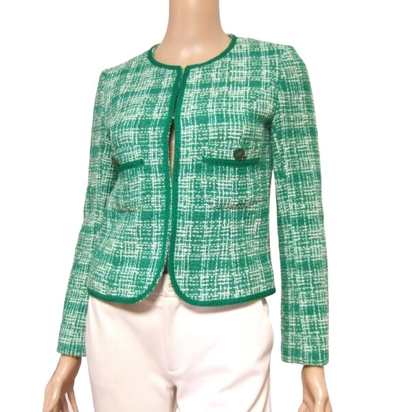 美品【中古】ungaro ウンガロ ツィード 上衣 書きあらわす 38号 9号 M 相当 古着 緑 緑であること 差し色 単品 否色つや 毛 羊毛 綿 綿織物 古典的 お出掛け 今めかしい 好いたらしい 窈窕たる 金モール 長袖 遊撃手丈 成年者 40代 50代 日本製 秋冬 秋 冬 アウター レディース