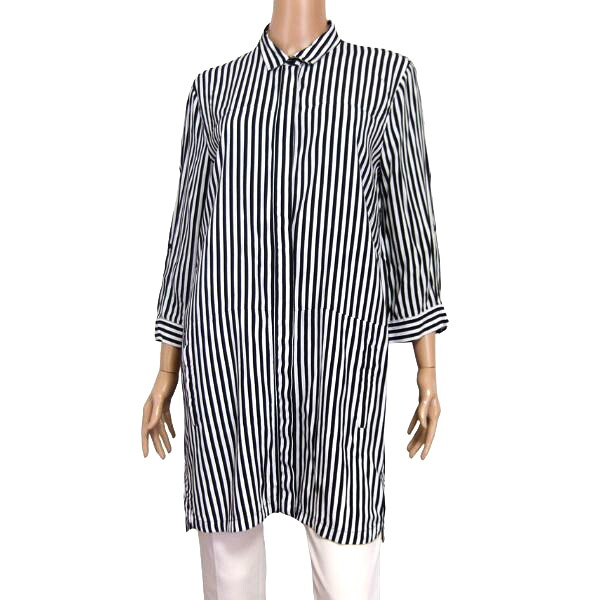 美品【中古】マンゴ MANGO チュニック ブラウス 大きいサイズ 表記 EUR XL 13号 2L LL XL 15号 3L 相当 古着 黒 ブラック 白 ホワイト ストライプ レディース 春 夏 春夏 トップス ロールアップ袖 7分袖 七分袖 長袖 羽織り 前開き 薄手 大人 女性 30代 40代 50代 冷房対策