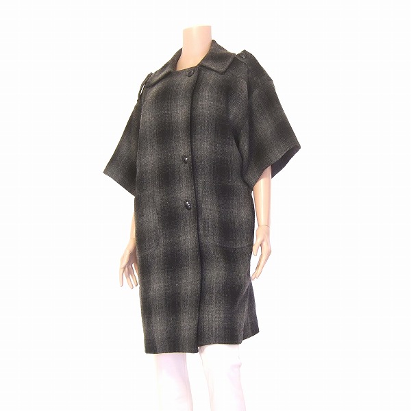 美品【中古】ツノダパリ TSUNODA paris /シップス グレー×チェック 暖か五分袖コート Mサイズ/9号 秋冬 レディース アウター