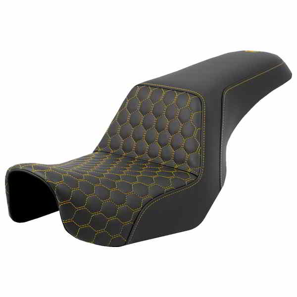 取寄せ ステップアップシート - ハニカム - ゴールドステッチ - ダイナ 06-17 サドルマン Step-Up Seat - Honeycomb - Gold Stitching - Dyna '06-'17 806-04-17707 DRAG 08030720|ハーレーパーツデポ