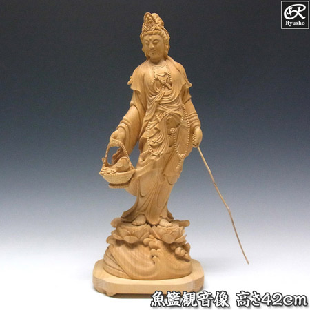 榧 魚籃観音像 高さ42cm 木彫り 仏像 観音菩薩 [Ryusho]｜龍祥本舗