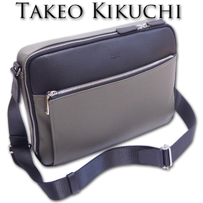 タケオキクチ TAKEO KIKUCHI 牛革使いショルダーバッグ A4 ライニング メンズ カーキ 撥水 防汚 軽量 定価24,200円|Select Space Colors (SSC)