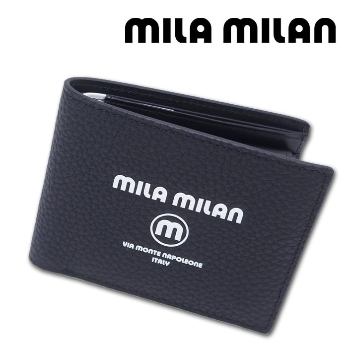 箱なし ミラミラン mila milan 牛皮 二つ折り紙入れ メンズ レディース  黒いこと 黒 必要経費17,600円 ミラショーン mila schon か細い
