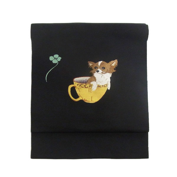 新品　名古屋帯　犬柄　わんこ　作家もの　黒　カラー芯　名古屋仕立て　希少　紬地 新品 名古屋帯 犬柄 わんこ 作家もの 黒 カラー芯 名古屋仕立て