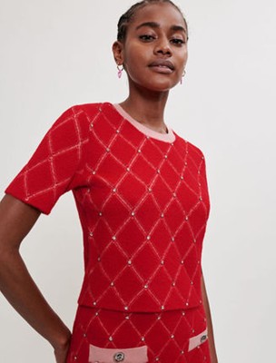 maje  Diamond pattern rhinestone knit トップス