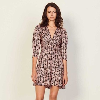 sandro 砂子ロ Short printed silk dress 衣裳