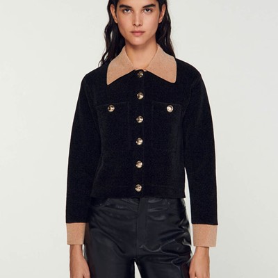 SANDRO 真砂ロ Cropped velour knit coatigan ジレー