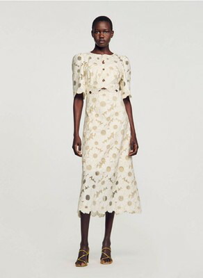 SANDRO 砂子ロ Multicolored Long embroidered V-neck dress 衣裳 御召しもの