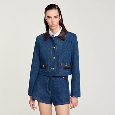 SANDRO 沙子ロ Denim jacket with leather collar 上衣 ジーンズ