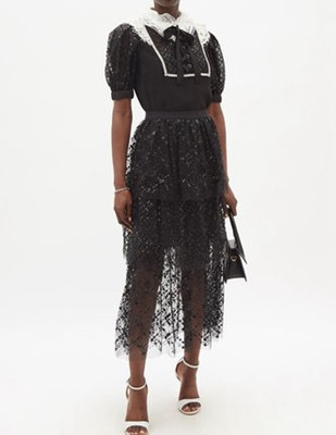 Self-Portrait セルフすがた絵 Black Grid Sequin Tiered Skirt スコート