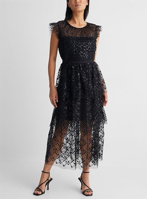 Self-Portrait セルフすがた絵 Black Grid Sequin Tiered Midi Dress 衣装