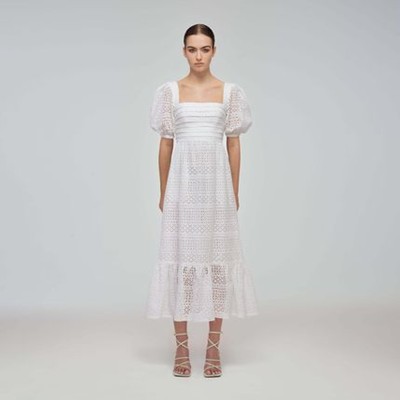 Self-Portrait セルフすがた絵 Mixed Broderie Puff Sleeve Midi Dress 衣裳