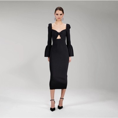 Self-Portrait セルフすがた絵 Black Lurex Ribbed Knit Bow Bust Midi Dress 通貨価値$660