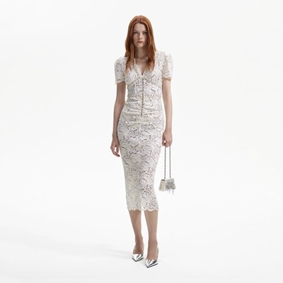 Self-Portrait セルフすがた絵 CREAM CORD LACE V-NECK midi DRESS