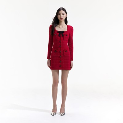 Self-Portrait セルフすがた絵 RED KNIT BOW ROUND NECK MINI DRESS