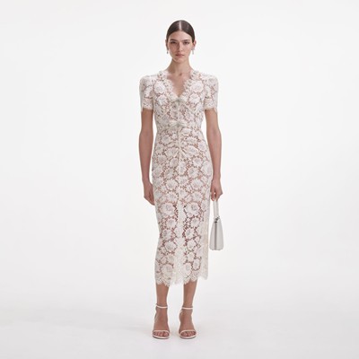 Self-Portrait セルフポートレート Cream Fine Lace Pearl Midi Dress ワンピース ドレス セルフポートレイト|AYA-FARM店
