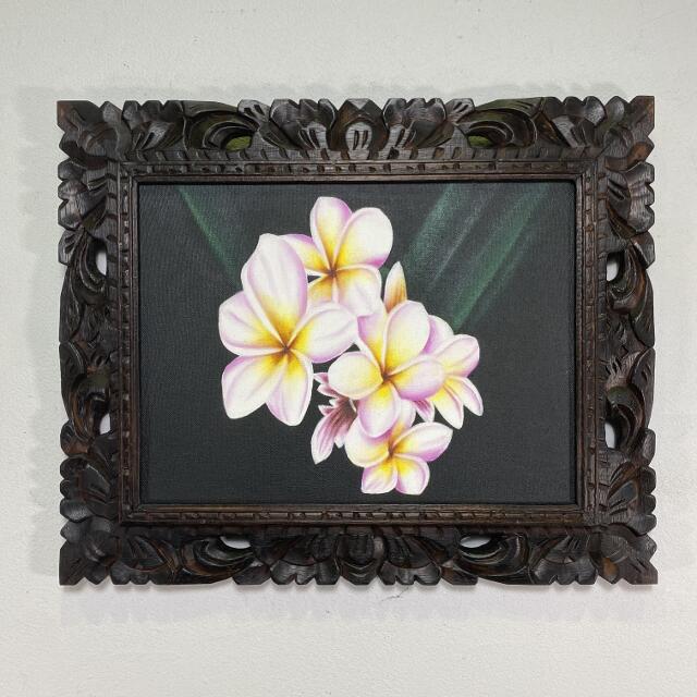 【1点もの】プルメリアの額縁付絵画 バリ島絵画 ブンゴセカン 鳥の絵 プルメリア W43×H53cm 花鳥風月