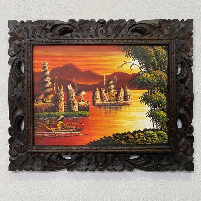 バリ島　油彩画　手描き　木製スタンド付き　一点物アート　アジアンインテリア バリ島 油彩画 手描き 木製スタンド付き 一点物アート アジアンインテリア