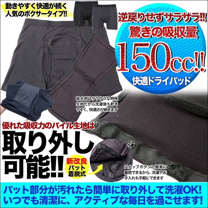 尿もれパンツ 男性用 失禁パンツ 介護用品 脱着式 吸水パンツ 男性用 ボクサータイプ 送料無料 当日発送失禁対策 尿もれパンツ 尿漏れ対策 メンズ 介護パンツ 介護下着 尿漏れ ちょい漏れ 旅行 入院 お出かけ 外出 失禁 男性用下着 前開きあり パット取替えタイプ 4枚組bo