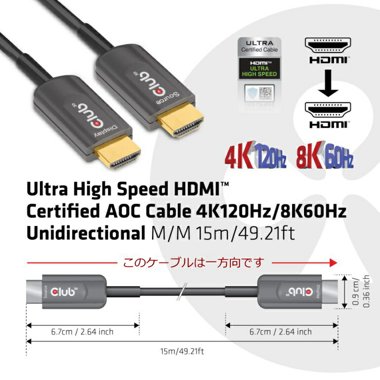 通販 Optical Active 15m オス/オス 48Gbps 4K120Hz 2.1 HDMI 3D Club Cable  (CAC-1377) ケーブル 認証 光 アクティブ HDMIケーブル