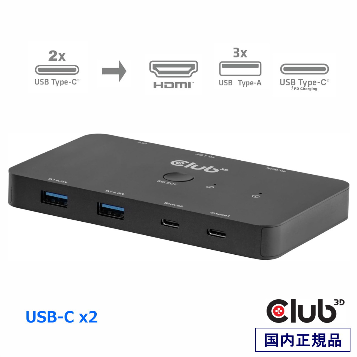 国内定まり品 Club 3D KVM うつり変わり器 2インプット USB Type-C to HDMI 4K 60サイクル (CSV-2512)