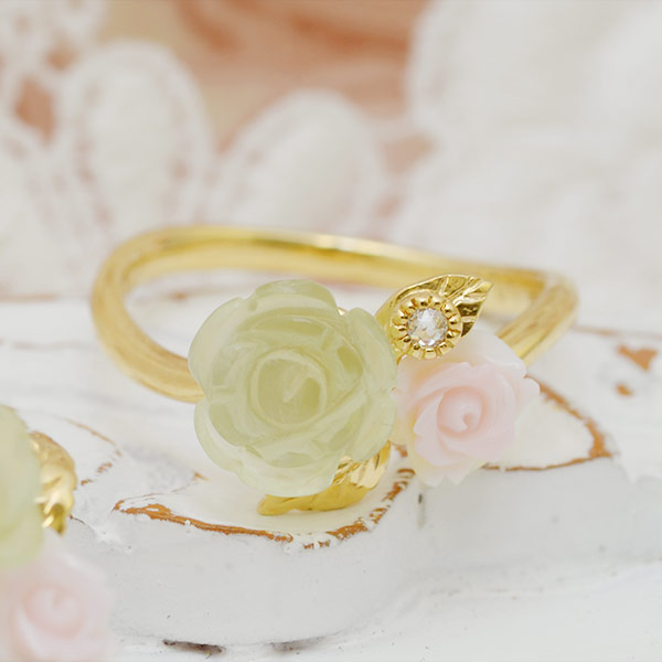 【ポイント10倍】 ローズガーデン プレナイト&times;コンクシェル&times;ローズカットダイヤモンドリングjewelry_benebene 誕生石 4月 春色ピンク PT900 K18 K10対応 ご注文後弊社で金種選択に記載のある金額を加算しご連絡します 7pev｜ベーネ・ベーネ
