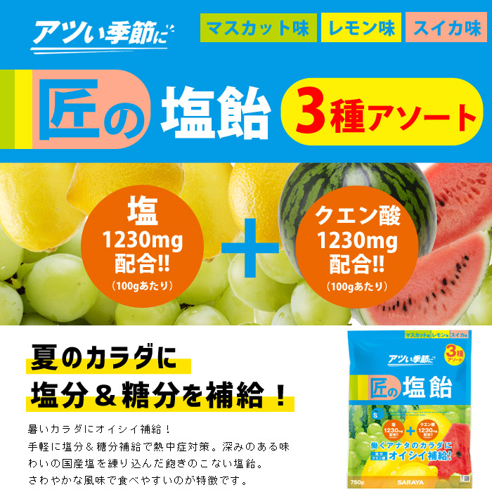 楽天市場 熱中症対策 サラヤ塩分補給キャンディ 匠の塩飴３種アソート750g 塩飴 しおあめ 熱中飴 熱中症 塩分補給 Saraya No あんしんの殿堂防災館
