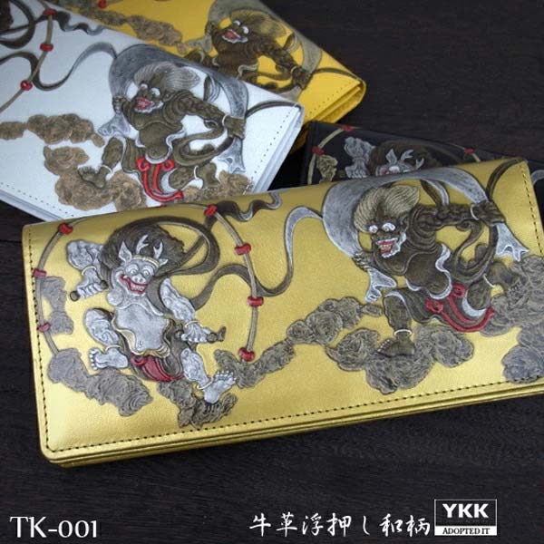 長財布 メンズ 二つ折り 風神雷神浮き押し オイル加工 レザー 牛革 本革 本皮 和柄 ロングウォレット 金色 ゴールド 黒 ブラック 黄 イエロー 白 ホワイト 金運 開運 風水 国産 MADE IN JAPAN 日本製 送料無料 4色展開(ゴールド,イエロー,ブラック,ホワイト) TK-001｜財布小物専門店　ブランドラヴ