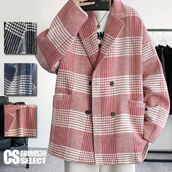 ダブルコート チェック柄 フリンジ付 スモーキーピンク 1265-2 a-1-pink-w-coat_1.jpg