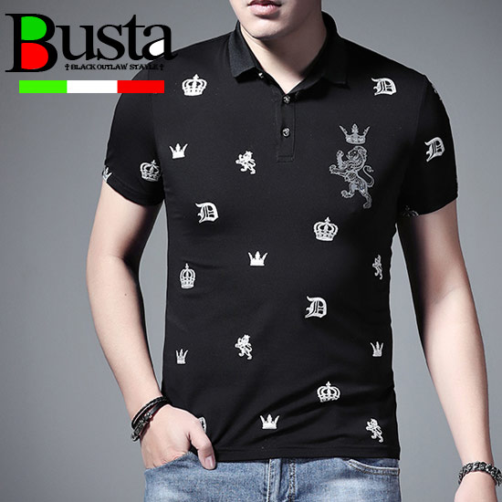 ポロシャツ メンズ オラオラ系 ライオン 王冠 クラウン エンブレム 夏服 総柄半袖 ポロシャツ Tシャツ オラオラ系 ポロシャツ メンズ 悪羅悪羅系 チンピラ マイルドヤンキー ストリート系ファッション ラグジュアリー お兄系 大人 春 夏 新作 トップス ブラック
