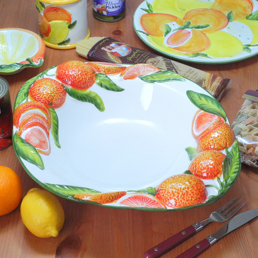 イタリア製 陶器 オーバルボウル オレンジ食器 41X35cm 鉢 カラフル 大鉢 洋食器 テーブルウェア 南欧食器 皿 フルーツ柄 ヨーロッパ europe_plum bre-1489-or