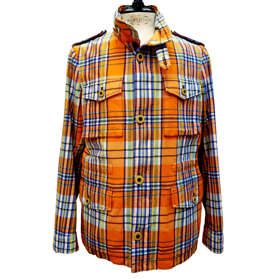 【セール50】CAMPLIN（カンプリン）サファリジャケット フード付き メンズ 英国発祥のヨーロッパ製 CP214505 オレンジ系 チェック柄 綿 M65 アーミー【Pコート発祥】【英国海軍御用達】｜cavalleria 店