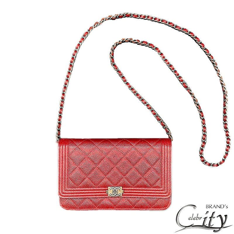 CHANEL【シャネル】 ボーイシャネル チェーンウォレット キャビアスキン A80287 レッド レディース【USED】