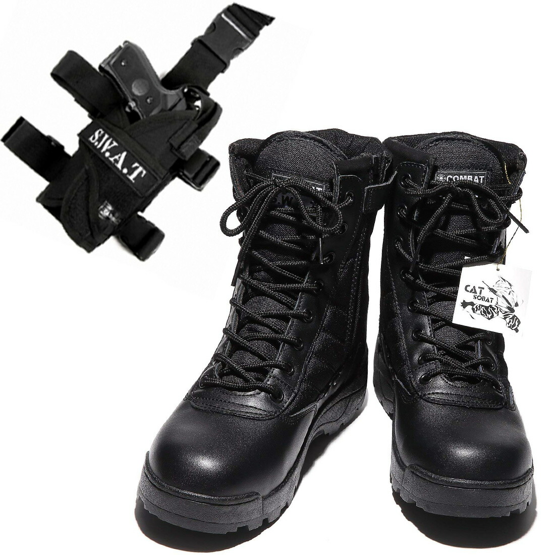 楽天市場 送料無料 即日発送 タクティカルブーツ レッグホルスター セット ハロウィン コスプレ 仮装 Swatコス 特殊部隊 Swat ガンホルスター ブーツ サバゲー 装備 ブーツ サバイバルゲーム 装備品 サイドジッパー式 サバイバル 登山 作業用 Black 黒 Chic