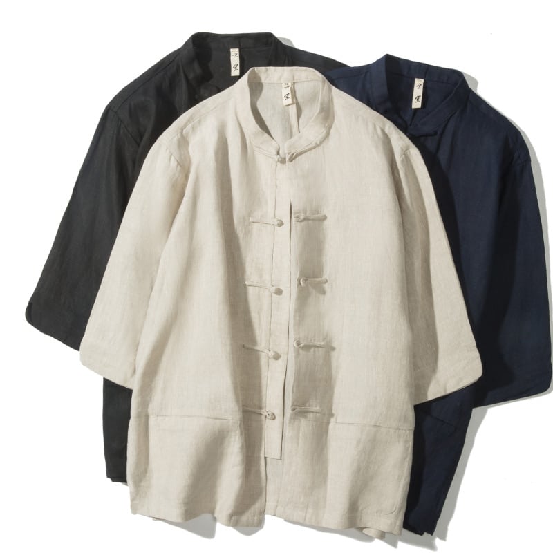 瀬戸もの服 瀬戸ものプルオーバー メンズ 成人男性用 7分袖 カンフー服 心地よい 唐装 中華風 麻100% 貨物輸送無料